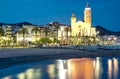 Church of Sant Bertomeu and Santa Tecla in Sitges by Night .Costa Brava, Spain.