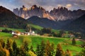 The church Santa Maddalena with the impressive Odle Mountains Group in the background at sunset. Royalty Free Stock Photo