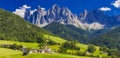 The church of Santa Maddalena and The Odle Mountain Peaks In Background, Panoramic View, Dolomites, Val di Funes,Italy