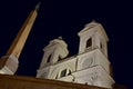 Church of the Santissima Trinita dei Monti from the Spanish Steps at night. Piazza di Spagna, Rome, Italy. Royalty Free Stock Photo