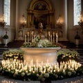 Church service with candles and flowers as symbols of purity and devotion