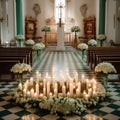 Church service with candles and flowers as symbols of purity and devotion Royalty Free Stock Photo