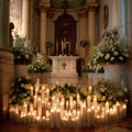 Church service with candles and flowers as symbols of purity and devotion Royalty Free Stock Photo