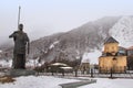 The church, Shioda Gudashauri Spiritual and Cultural Centre, the king David's statue in Sno village in winter