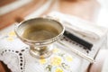 Church silver bowl for ceremony on table inside church Royalty Free Stock Photo