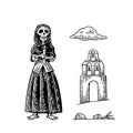 Church and skeleton in mexican woman national clothes holding candle