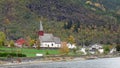 Church of Skjolden at the shore of the Lusterfjord in autumn in Norway Royalty Free Stock Photo