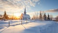 Church in the snow at sunset. Winter landscape