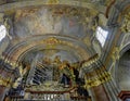 Church of St. Catherine of Alexandria in Prague. Church tower Catherine is visible from afar and looks like a thin minaret of a