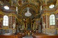 Church of St. Catherine of Alexandria in Prague. Church tower Catherine is visible from afar and looks like a thin minaret of a