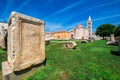 Church of st. Donat, a monumental building from the 9th century with historic roman artefacts in foreground in Zadar, Croatia
