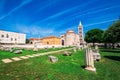 Church of st. Donat, a monumental building from the 9th century with historic roman artefacts in foreground in Zadar, Croatia