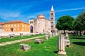 Church of st. Donat, a monumental building from the 9th century with historic roman artefacts in foreground in Zadar, Croatia