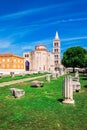 Church of st. Donat, a monumental building from the 9th century with historic roman artefacts in foreground in Zadar, Croatia