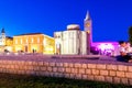 Church of st. Donat, a monumental building from the 9th century lit by warm lights on summer night in Zadar, Croatia