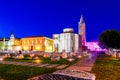 Church of st. Donat, a monumental building from the 9th century lit by warm lights on summer night in Zadar, Croatia