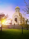 Church of St. George the Victorious on Poklonnaya Hill, at sunrise. Russian orthodox church in Moscow, Russia