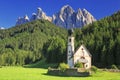 The church St. Johann in Ranui in the Villnoess / Funes valley in the Dolomites, South Tyrol, Italy Royalty Free Stock Photo