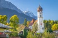 Church St Johannes, Wetterstein, Waxenstein and Zugspitze at sunrise, Grainau