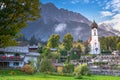 Church St Johannes, Wetterstein, Waxenstein and Zugspitze at sunrise, Grainau