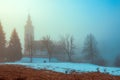 Church of St. John the Baptist by the Bohinj Lake in Ribcev Laz, Slovenia in foggy morning. 700 years old example of Slovenian Royalty Free Stock Photo