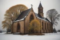 Church of St. John the Baptist on a foggy winter day. generative ai