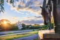 Church of St. John Chrysostom and a sculpture of a horse in the Kremlin in the city of Vologda