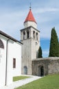 Church of St. Mark with impressive bell tower in a small town Veprinac in Croatia