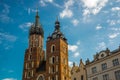 Church of St. Mary and the Cloth Hall in the main Market Square -Rynek Glowny in the city of Krakow in Poland Royalty Free Stock Photo