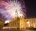 Church of St. Nicholas (Night view ) in the quarter of Mala Strana in Prague and holiday fireworks, Czech Republic Royalty Free Stock Photo