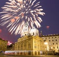 Church of St. Nicholas (Night view ) in the quarter of Mala Strana in Prague and holiday fireworks, Czech Republic Royalty Free Stock Photo