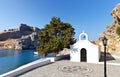 Church of St. Paul and the ancient Acropolis of old Lindos at Greek Rhodes Royalty Free Stock Photo