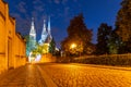 Church of St. Peter and Paul on Vysehrad. Cobbled street by night. Prague, Czech Republic Royalty Free Stock Photo