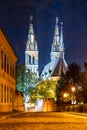 Church of St. Peter and Paul on Vysehrad. Cobbled street by night. Prague, Czech Republic Royalty Free Stock Photo