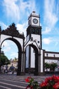 The Church of St. Sebastian is one of the main attractions of Ponta Delgada. Tower with a clock and bells. Azores, Sao Miguel Royalty Free Stock Photo