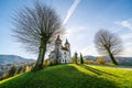 Church of St. Volbenka in autumn colors against a blue sky, Slovenia, Europe