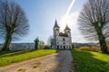 Church of St. Volbenka in autumn colors against a blue sky, Slovenia, Europe