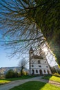 Church of St. Volbenka in autumn colors against a blue sky, Slovenia, Europe