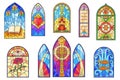 Church stained glass. Stain glasses window of gothic temple or europe cathedral, arc mosaic painted windows with cross