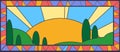 Church stained glass window with landscape vector illustration isolated. Royalty Free Stock Photo