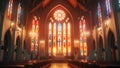 Church With Stained Glass Windows and Pews, Interior of an old cathedral with stained glass windows for a traditional wedding