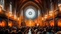 A church with stained glass windows during a service.