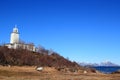 church of Stamsund and mount on the background Royalty Free Stock Photo