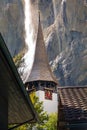 Lauterbrunnen church and Staubbach waterfall, Switzerland