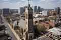 church, with steeple and bell tower, surrounded by bustling cityscape