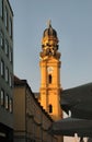 Church steeple at sunset in Munich, Germany Royalty Free Stock Photo