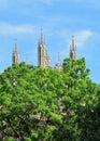 Church steeples and a blue sky background