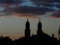 Church steeples at sunset