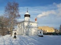 Church with a stone wall, Russian ancient temple Royalty Free Stock Photo