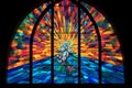 Church Sun stainglass window, Arch Shape.Generative AI Royalty Free Stock Photo